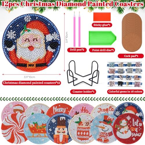 Diamond Art Christmas Coasters 12 Pcs Christmas Diamond Painting Kits,5D DIY Art Painting Coasters Supplies for Beginners Kids,Christmas Crafts for Adults Anti-Slip Diamond dotz with Holder