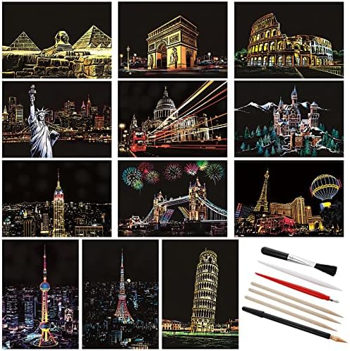 12 Sheets Scratch Painting Rainbow Paper, Sketch Pads DIY Art Craft City Series Night View Scratchboard Craft Art Kits with 6 Tools for Adults Kids Halloween Christmas(7.8 X 5.5 Inches(Style A))