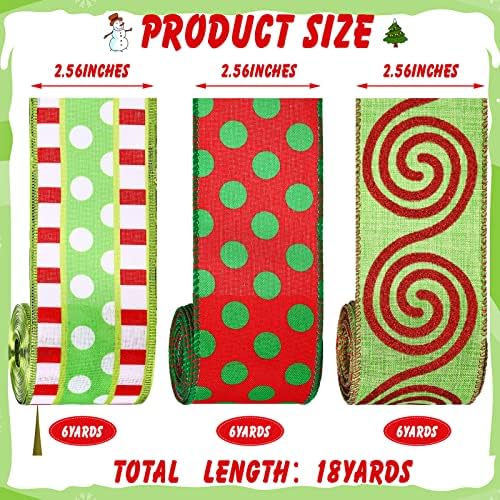 Yinder 3 Rolls Christmas Wired Ribbon Red and Lime Green Christmas Wrapping Ribbon 2.56 in Wide Polka Dot Swirl Fabric Xmas Decorative for DIY Crafts Tree Decorations