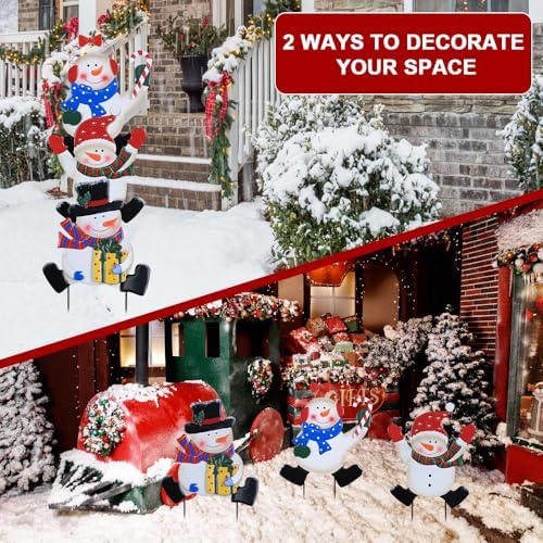 YEAHOME Outdoor Christmas Decorations, Stacked 3 Snowman Decorative Garden Stakes for Christmas Decor, Metal Yard Signs Xmas Decorations for Outside Garden Yard Lawn Porch Holiday Party