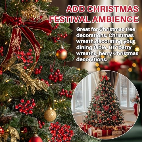 MAQIHAN Artificial Holly Berries - 150 Pcs Christmas Holly Berries Stems for Crafts Faux Holly Berries Artificial Red Holly Berry Stems for Christmas Wreath Christmas Tree Table Kitchen Wall Decor