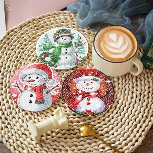 8 PCS Christmas Diamond Art Coasters Kit-Chirstmas Snowman Diamond Painting Coasters Kits with Holder for Beginners,Crafts Kits for DIY Coaster for Adults as Gift Home Decors