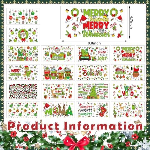 18 Sheets Christmas UV DTF Cup Wraps Transfer Sticker for Glass Lime Green Christmas Rub on Transfers Tumbler Sticker Santa Xmas Tree Waterproof Decals for DIY Craft Gift Festival Decoration