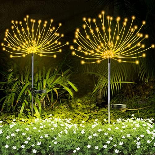 2 PCS Solar Firework Light, Outdoor Solar Garden Decorative Lights 120 LED Powered 40 Copper Wires String DIY Landscape Light for Walkway Pathway Backyard Christmas Decoration Parties (Warm White)