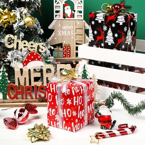 WRAPAHOLIC Christmas Wrapping Paper Sheet - 12 Sheets Red and Black Chrismas Gnome Design Folded Flat with 12 Gift Tags for Holiday, Party Celebration - 19.7 Inch X 27.5 Inch Per Sheet