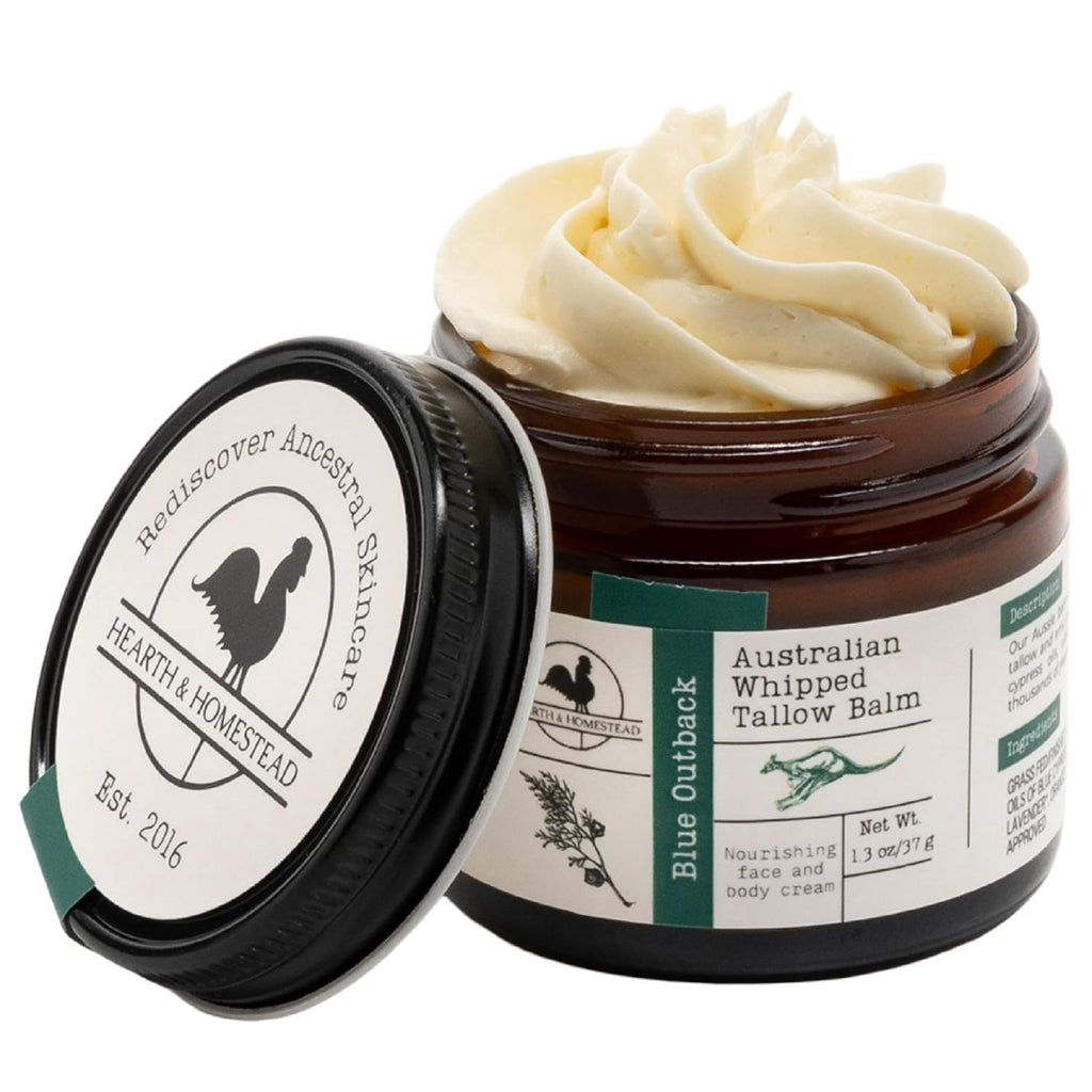 Hearth & Homestead Whipped Beef Tallow for Skin & Face, 100% Australian Grass Fed, Eczema Cream & Body Butter, Lotion & Hand Moisturizer for Dry Skin, Emu, Jojoba, Sandalwood, and Blue Cypress, 1.3oz