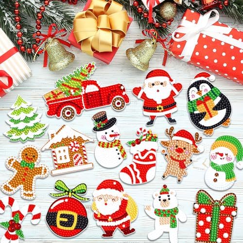 16Pcs Christmas Magnet Diamond Art Painting for Refrigerator DIY Diamond Fridge Magnet Stickers Christmas Tree Penguin Snowflake Gnome Magnetic Car Magnets Garage Door Decoration for Holiday