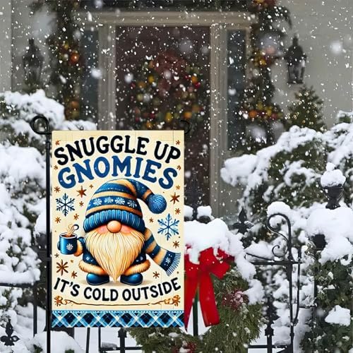 Winter Garden Flag - Double Sided 12x18, Christmas Gnomies, Snuggle Up Gnomies, Cozy Gnome Design, Outdoor Winter And Holiday Decor