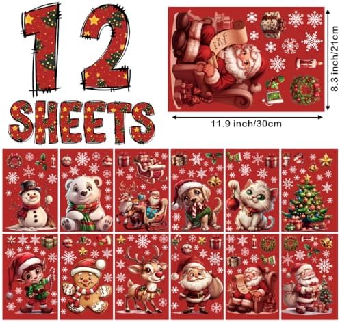 12 Sheets 171 Pcs Big Size Christmas Window Clings - Santa, Reindeer, Dog & Cat Window Stickers & Decals for Home, School, Office & Party Supplies