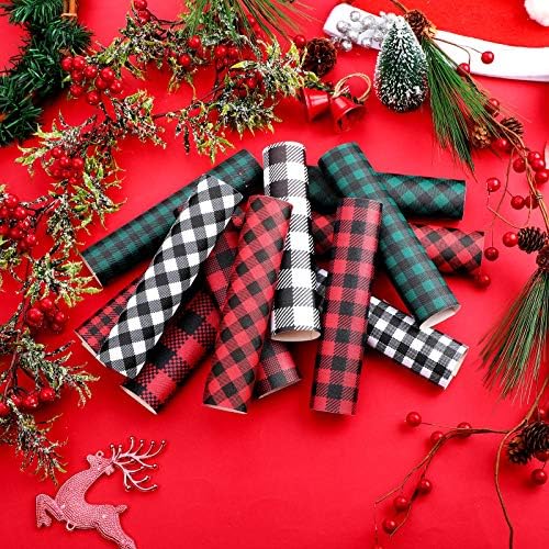12 Pieces Christmas Buffalo Plaid Faux Leather Sheets Fabric for DIY Crafts Leather Sheets for Earrings Hair Bows DIY Crafting, 6.3 x 8.3 Inches