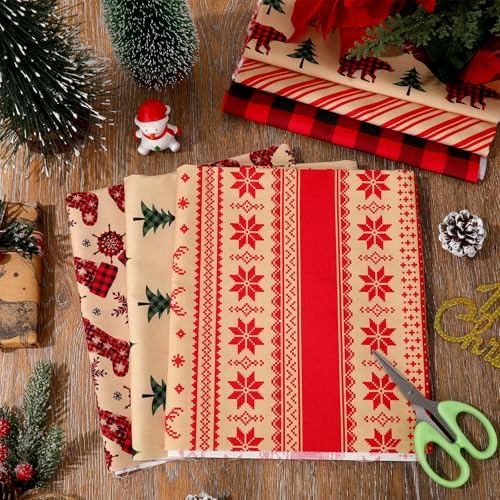 12Pcs Christmas Cotton Fabric Bundles 18 x 22 Inch Red Green Woodland Fat Quarters Xmas Sewing Fabrics for DIY Craft Party Decor
