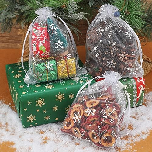jijAcraft 5x7 Inch Christmas Organza Bags - 50Pcs White Snowflake Gift Bags with Drawstring, Xmas Party Favor Sheer Mesh Pouches for Winter Gift, Candy, Jewelry Bag