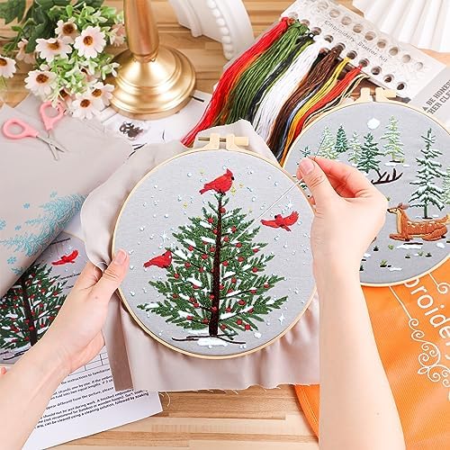 Tigeen 5 Sets Christmas Embroidery Kit for Adults Cross Stitch Embroidery Kit for Winter Snow Scene Christmas Tree with Instructions Hoops Needles Colored Threads Needle