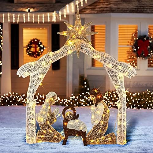 Hourleey 4FT Lighted Christmas Nativity Scene, Christmas Outdoor Decorations with 120 Count Pre-lit Warm White Lights, Holy Family for Xmas Outside Yard Garden Holiday Decor