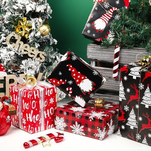 WRAPAHOLIC Christmas Wrapping Paper Sheet - 12 Sheets Red and Black Chrismas Gnome Design Folded Flat with 12 Gift Tags for Holiday, Party Celebration - 19.7 Inch X 27.5 Inch Per Sheet