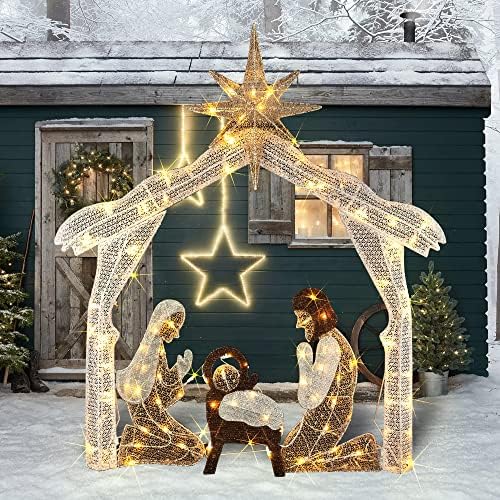 Hourleey 4FT Lighted Christmas Nativity Scene, Christmas Outdoor Decorations with 120 Count Pre-lit Warm White Lights, Holy Family for Xmas Outside Yard Garden Holiday Decor