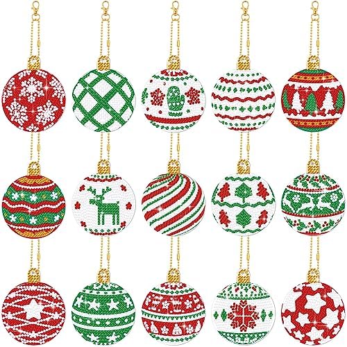 Yuxung 15 Pcs Christmas Diamond DIY Keychain 5D DIY Xmas Diamond Art Kit Hanging Decor Ornament Double Side Diamond Art Christmas Ornament for Art Christmas Craft(Classic)