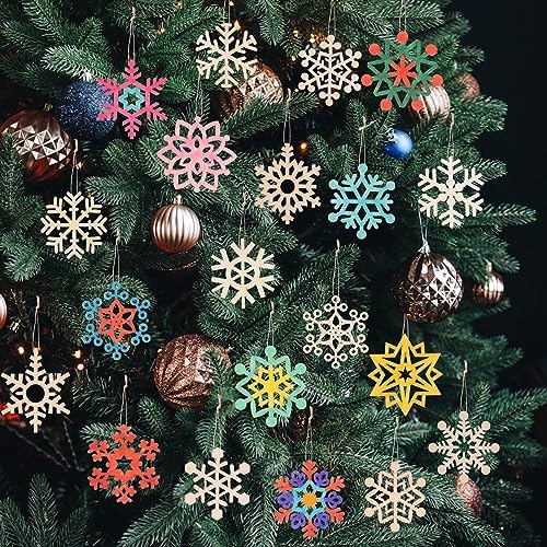 100 PCS Snowflake Ornaments for Christmas Decoration, Wooden Cutouts Ornament for Hanging Embellishments and Craft DIY, Rustic Farmhouse Holiday Decor with Strings (100)