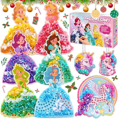 CrispPlay Princess Unicorn Girl Toys, Crafts for Kids Ages 4-8 8-12, 9pcs Poke Art Craft Kits for 4 5 6 7 8 9 Year Old Girls Birthday Christmas Gifts, Pretty Princess Game, Mess Free, Funny