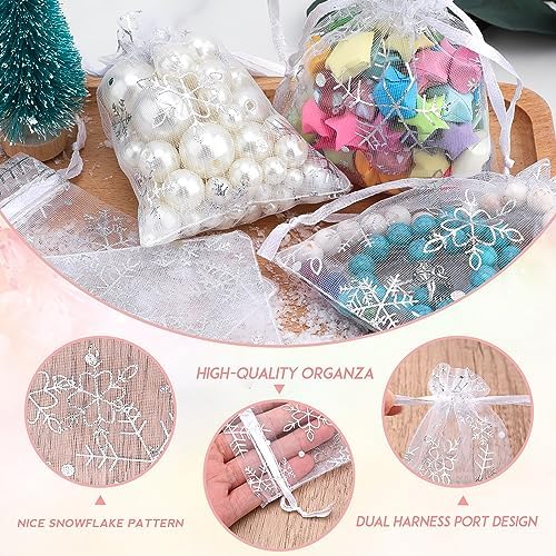 jijAcraft 5x7 Inch Christmas Organza Bags - 50Pcs White Snowflake Gift Bags with Drawstring, Xmas Party Favor Sheer Mesh Pouches for Winter Gift, Candy, Jewelry Bag