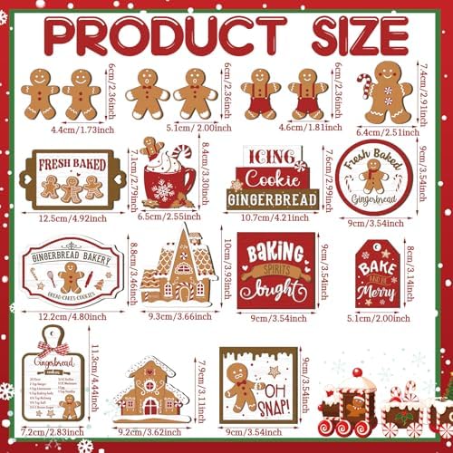 17 Pcs Christmas Tiered Tray Decor Set Winter Tiered Tray Decorations Farmhouse Tabletop Centerpiece Christmas Wooden 3D Sign for Xmas Home Buffalo Plaid Rustic Table Decoration(Gingerbread)