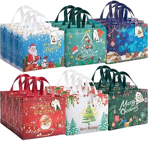 ZUIYIN 13" Large Christmas Gift Bags 18 Pack - with Gift Tags - Reusable Non-Woven Christmas Gift Bags with Handles for Holiday Xmas Party Gifts Wrapping Shopping (12.6"×9.8"×6.7")