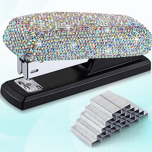 Yexiya Bling Crystal Stapler Gift Sparkly Diamond Stapler for Desk Handmade Clay Rhinestone Machine Pretty Office Stationery Kit Stylish Accessory for Women Lady Christmas(AB Color)