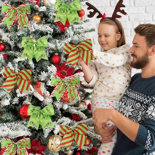 12 Pcs Red Green Christmas Bows,6 Inch Large Wreaths Bows for Tree Gift Wrapping Garland,Christmas Decoration Holiday Party Crafts Xmas Tree Ribbon Ornaments (Pattern)