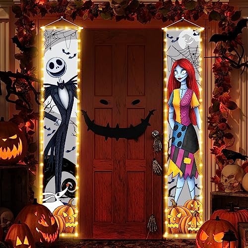 Jack Sally Lighted Banners Porch Signs Halloween Decor Christmas Nightmare Hanging Banner Halloween Decorations Outdoor Horror Poster for Indoor Before Party Wall Art Wallpaper Lights