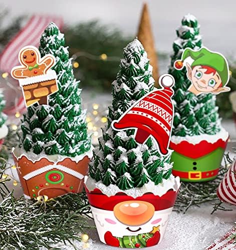 128 Pieces Christmas Cupcake Toppers Wrappers Party Supplies Favors - Snowman Santa Claus Reindeer Elf Gnome Gingerbread