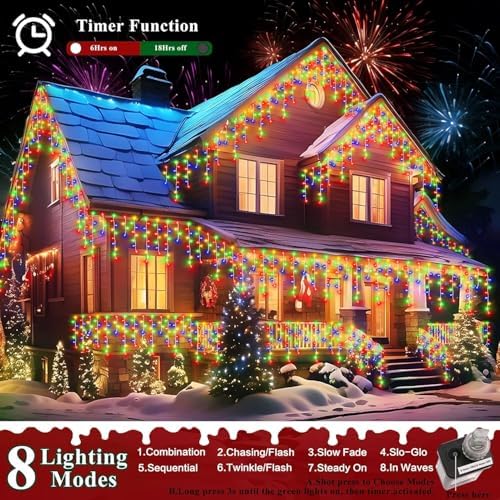 XURISEN 66ft Christmas Lights Decorations Outdoor, 640 LED 8 Modes Curtain Fairy Lights with 120 Drops,Plug in Waterproof Timer Memory Function for Christmas Holiday Wedding Party Decor(Multicolor)
