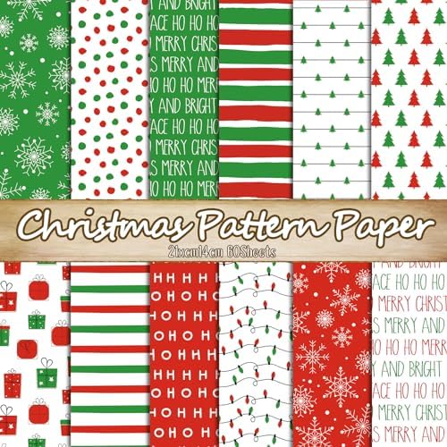 Whaline 60Pcs Merry Christmas Pattern Paper HOHOHO Scrapbook Specialty Paper Christmas Tree Snowflake Decorative Craft Papers For DIY Card Making Photo Album Journal Decoration, 5.5 x 8.3 Inch