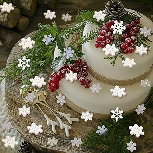 100Pcs Mini Snowflake Ornament Christmas Decorations- Glitter Resin White and Silver Snowflakes Christmas Craft Embellishment for DIY Craft Xmas Tree Winter Party Table Decor (3 Sizes)