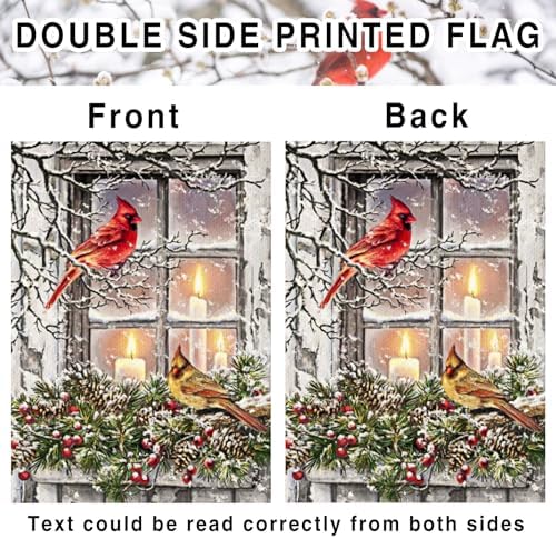 Winter Candle Cardinal Garden Flags 12×18 Inch Double Sided Xmas Cardinal Garden Flags Rustic Farmhouse Yard Red Birds Flags with Pine Twigs Window Candle Berry Outdoor Decor Christmas Garden Flag