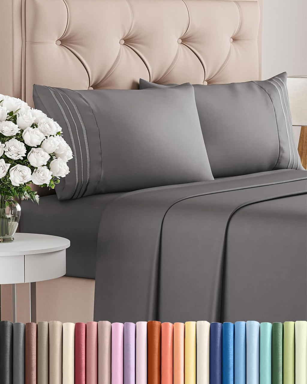 Full Size 4 Piece Sheet Set - Comfy Breathable & Cooling Sheets - Hotel Luxury Bed Sheets for Women & Men - Deep Pockets, Easy-Fit, Extra Soft & Wrinkle Free Sheets - Dark Grey Oeko-Tex Bed Sheet Set