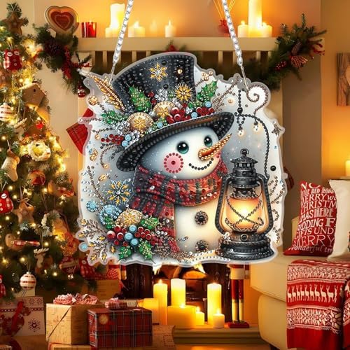 WUDWL Decor for Home Diamonds Art kit Hanging Decorations, Christmas Snowman Suncatchers Diamonds Painting Kit for Adult Gift DIY 5D Diamonds Dots, Special Crystal Diamond 8x8 inch