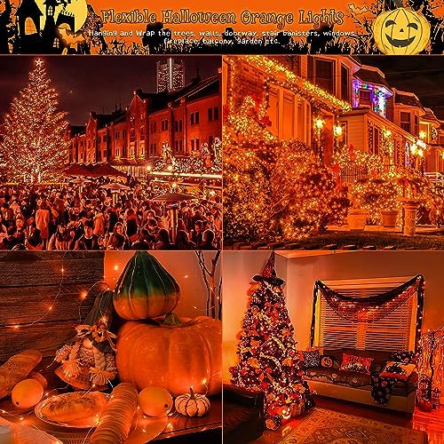 Ｗoohaha Solar Halloween Lights Outdoor,2 Pack Each 33Ft 100LED Orange Halloween Lights,Copper Wire Solar Powered Fairy String Lights 8 Modes for Garden,Tree,Thanksgiving,Christmas,Parties,Home Decor