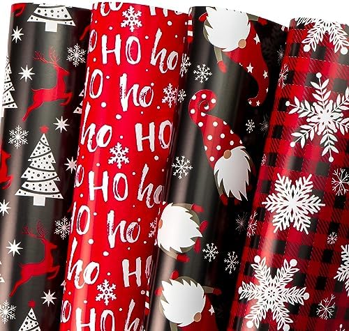 WRAPAHOLIC Christmas Wrapping Paper Sheet - 12 Sheets Red and Black Chrismas Gnome Design Folded Flat with 12 Gift Tags for Holiday, Party Celebration - 19.7 Inch X 27.5 Inch Per Sheet