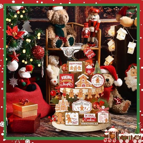 17 Pcs Christmas Tiered Tray Decor Set Winter Tiered Tray Decorations Farmhouse Tabletop Centerpiece Christmas Wooden 3D Sign for Xmas Home Buffalo Plaid Rustic Table Decoration(Gingerbread)