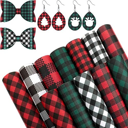 12 Pieces Christmas Buffalo Plaid Faux Leather Sheets Fabric for DIY Crafts Leather Sheets for Earrings Hair Bows DIY Crafting, 6.3 x 8.3 Inches