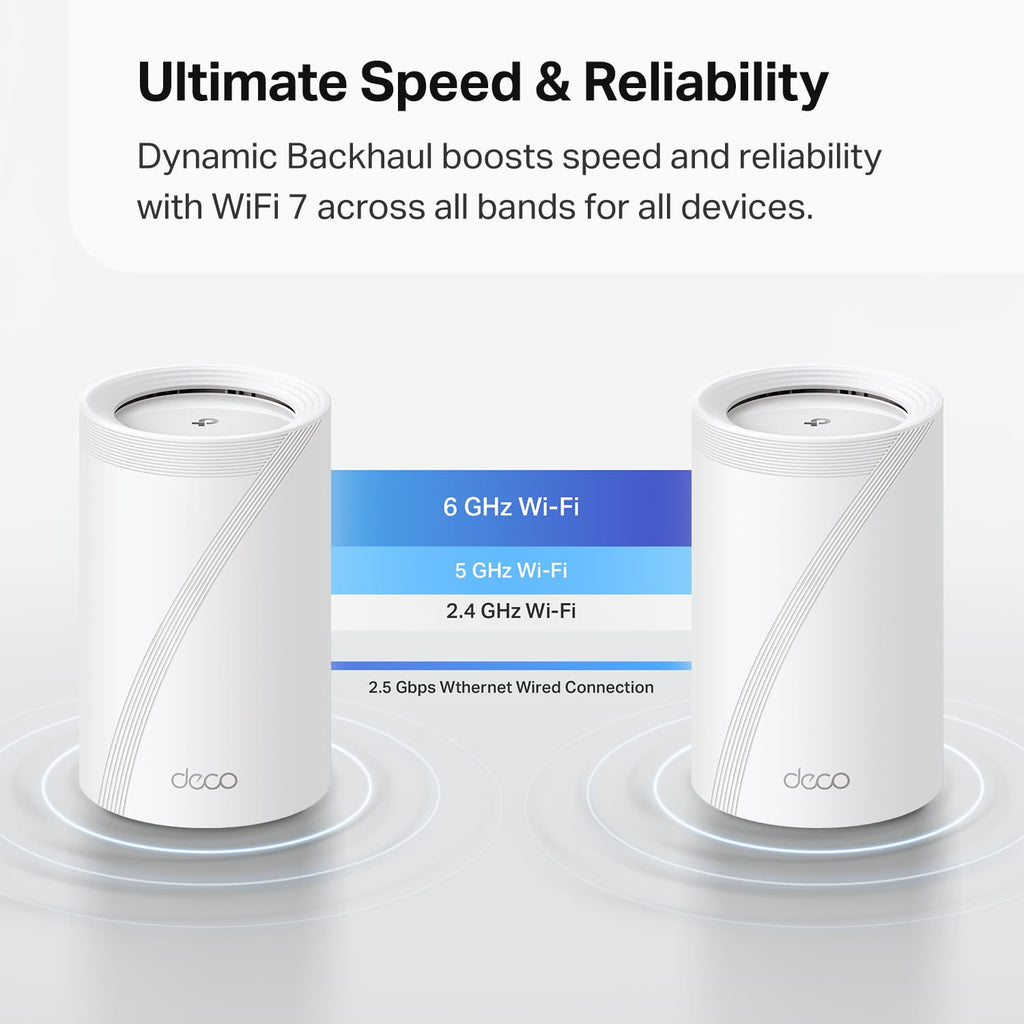 TP-Link Deco 7 Pro BE63 Tri-Band WiFi 7 BE10000 Whole Home Mesh System- 6-Stream 10 Gbps, 4X 2.5G Ports Wired Backhaul, 4X Smart Internal Antennas, VPN, HomeShield, Free Expert Support (1-Pack)