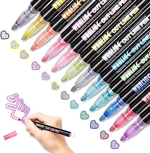 Whaline Outline Shimmer Markers 12 Colors Double Line Outline Pens Stocking Stuffers for Teen Girl Gifts Trendy Stuff Glitter Metallic Gel Pens for Birthday Christmas Card Journaling Drawing Crafting