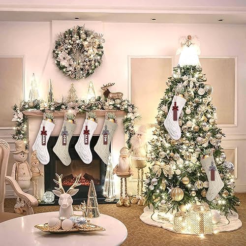 XIMISHOP 6pack Christmas Stockings, 18inch Large Personalized Cable Knitted Xmas Hanging Stocking Decorations with Name Tags for Holiday Christmas Party Family Decor (Khaki and White)