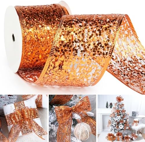 MAYREEL 2.5 Inch Orange Mesh Wired Halloween Ribbon Metallic Sequin Glitter Web for Christmas Tree Gift Wrapping Crafts Topper Bows Wreaths Holiday Decor Garland 10 Yards