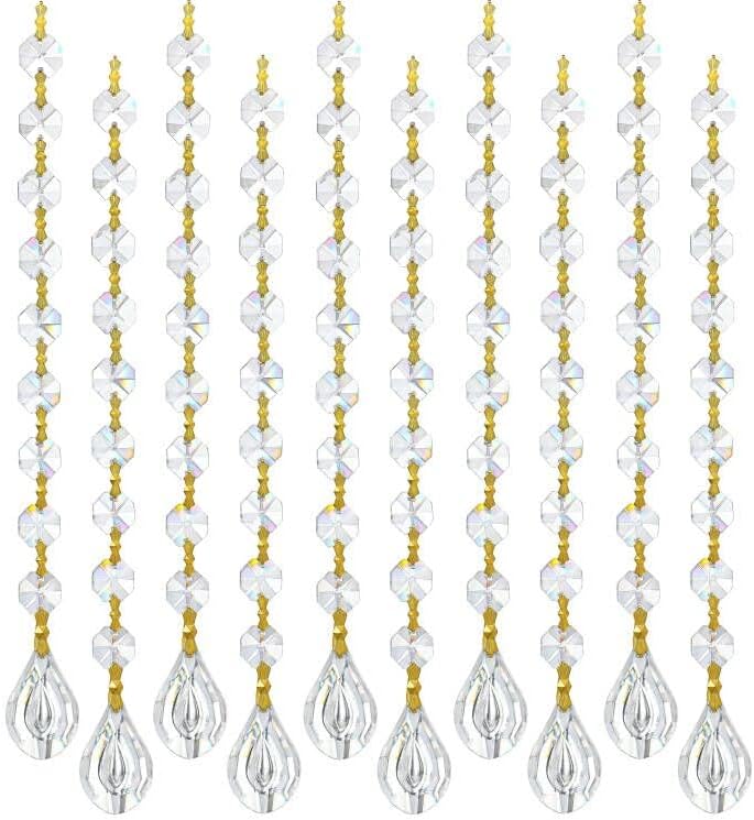 10pcs Crystal Garland Strands Crystal Lamp Beads Glass Loquat Prism Hanging Chandelier Beads Replacements Strings Christmas Wedding Decoration for Home Gold Pinning