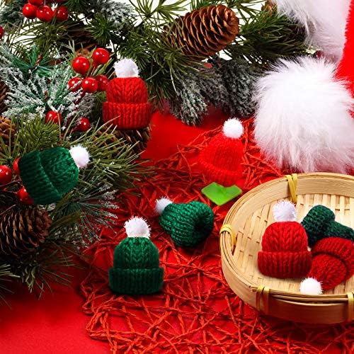 Chuangdi 24 Pieces Mini Knitting Hats Mini Doll Hats for Christmas Ornaments DIY Art and Craft(Green, Red)
