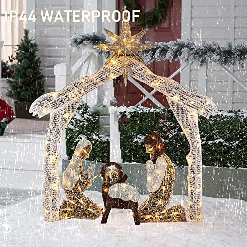 Hourleey 4FT Lighted Christmas Nativity Scene, Christmas Outdoor Decorations with 120 Count Pre-lit Warm White Lights, Holy Family for Xmas Outside Yard Garden Holiday Decor