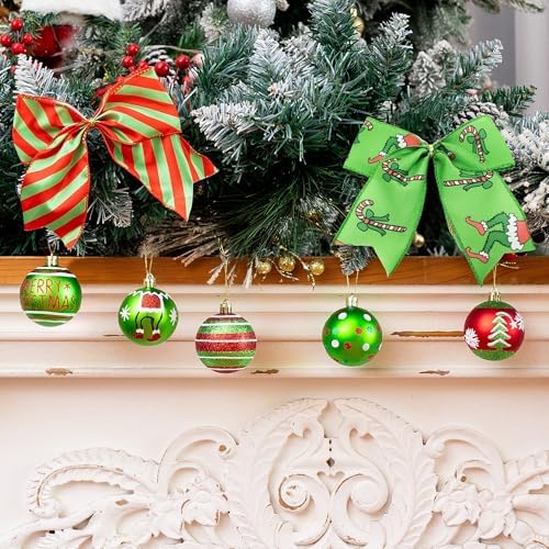 14 Pcs Christmas Ball Ornaments Set, 12 Red and Green Glittering Elf Balls with 2 Bows, 2.4 Inch Shiny Hanging Bulbs for Christmas Tree Decorations, Holiday Party, Table Centerpiece and Home Decor