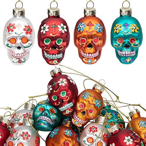12pcs Day of The Dead Glass Ornaments - Dia De Los Muertos Sugar Skull Ornaments - Halloween Hanging Skeleton Head Ornament for Christmas Tree Hanging Decorations