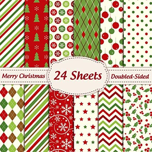 Whaline 24 Sheet Christmas Pattern Paper Pack - 12 Designs, Double-Sided, Matte Finish, Green & Red, 11 x 11 Inch Square Sheets, Perfect for Crafts & Scrapbook